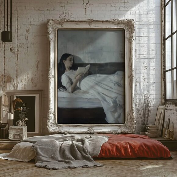 Original Dark Literary Art Print + Digital Copy,  Dreamy  Woman Reading - Picture 5 of 11